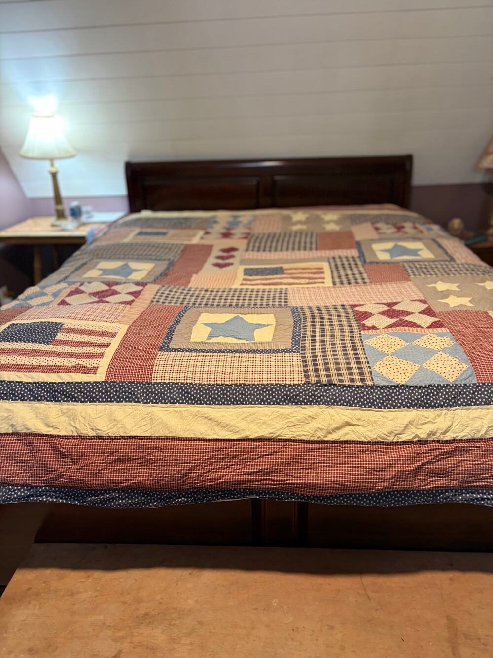Americana Patchwork Primitive Stars, Plaid Flags Heart Blanket Cutter Quilt